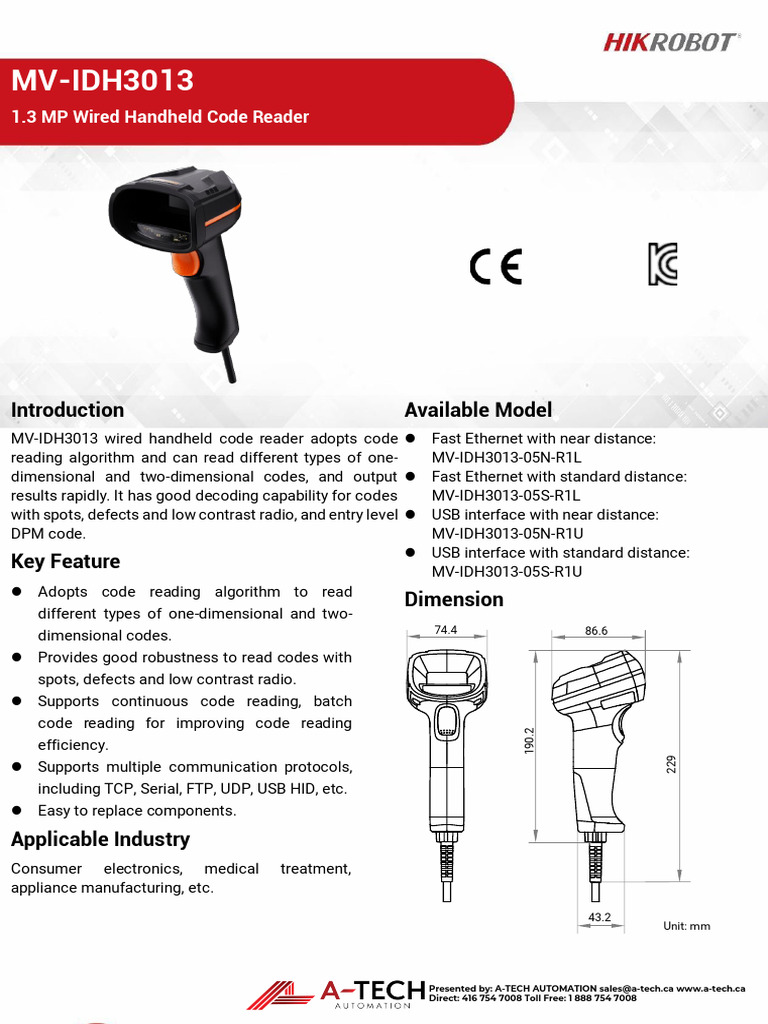 MV-IDH3013 Wired Handheld Code Reader ATI | PDF | Usb | Barcode