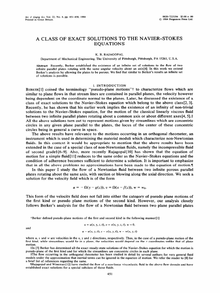 1984 a class of exact solutions to the navier stokes equations pdf