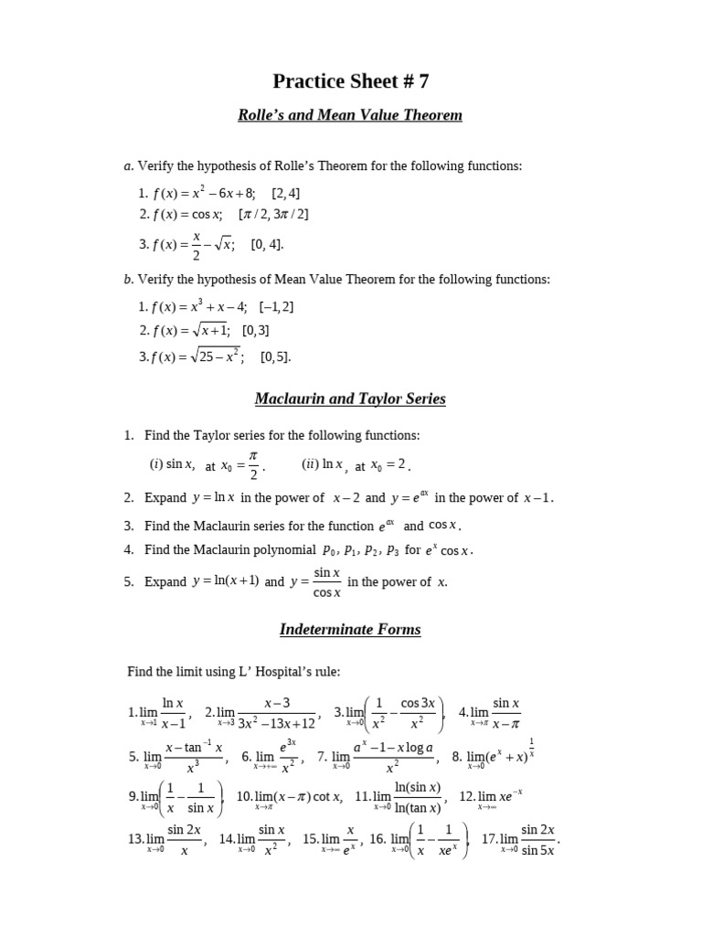 Rolle's Theorem and Mean Value Practice | PDF | Real Analysis ...