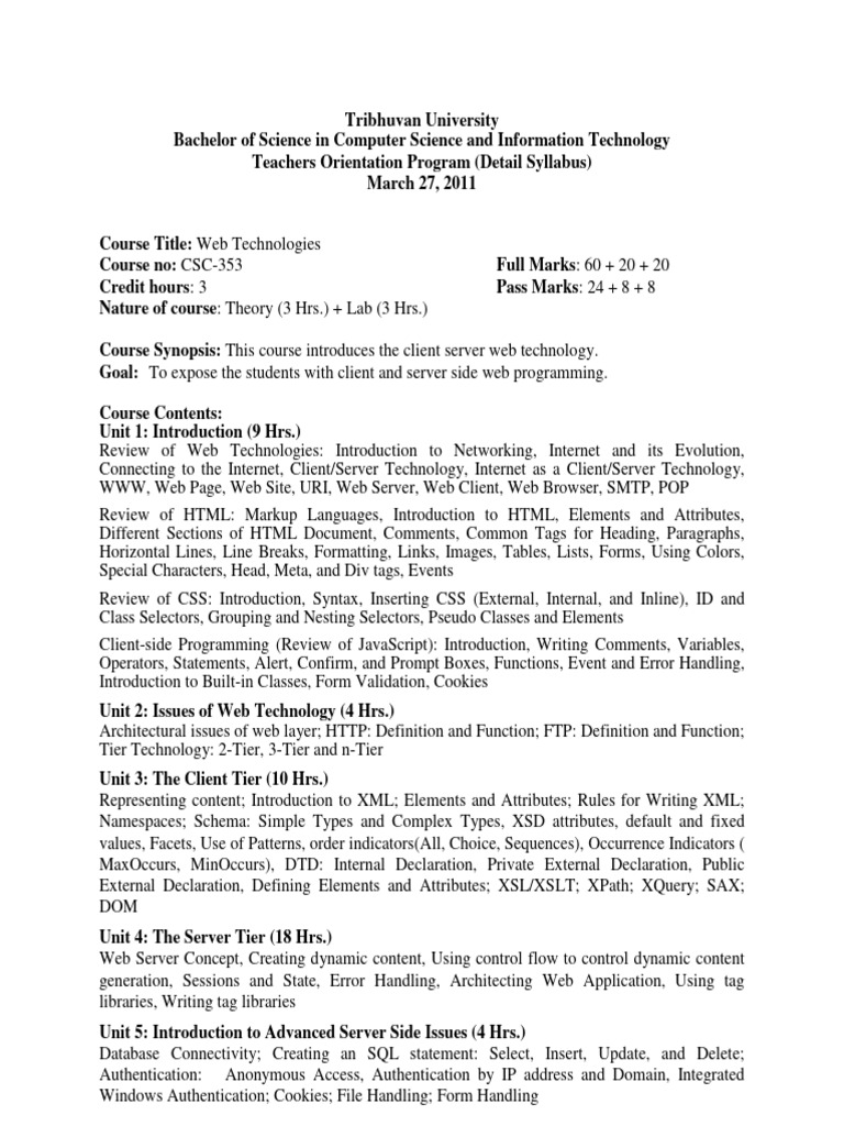 Web Technologies Syllabus for CSC-353 | PDF | World Wide Web | Internet ...