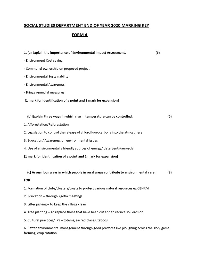 Social Studies Marking Key 2020: Form 4 | PDF | Environmental ...