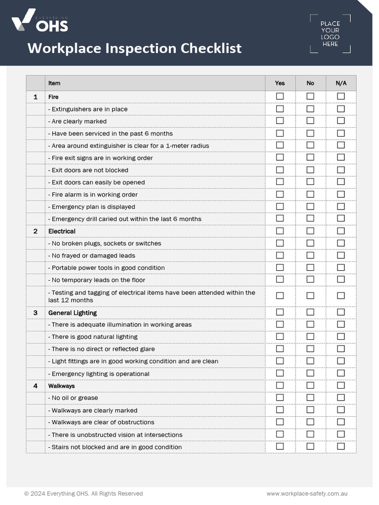 Workplace Safety Inspection Checklist | PDF | Lighting | Safety