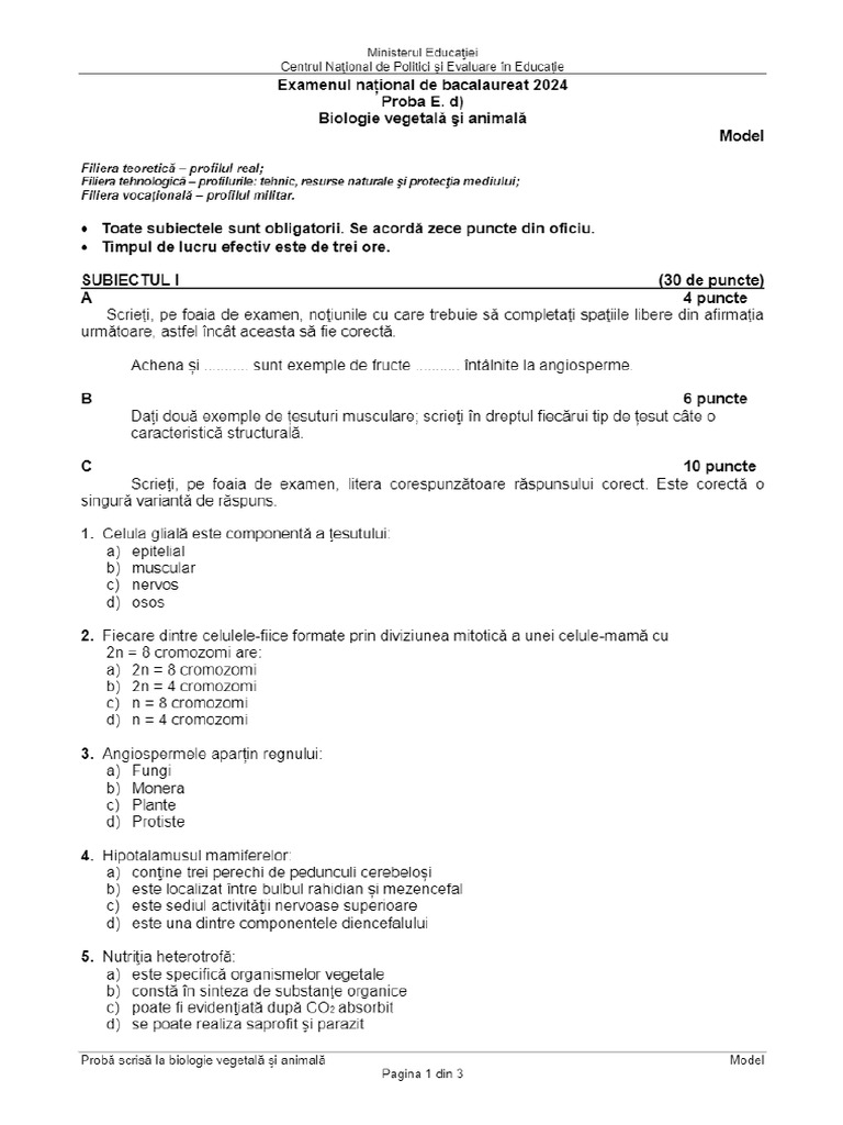 Subiecte BAC Biologie 2024 | PDF
