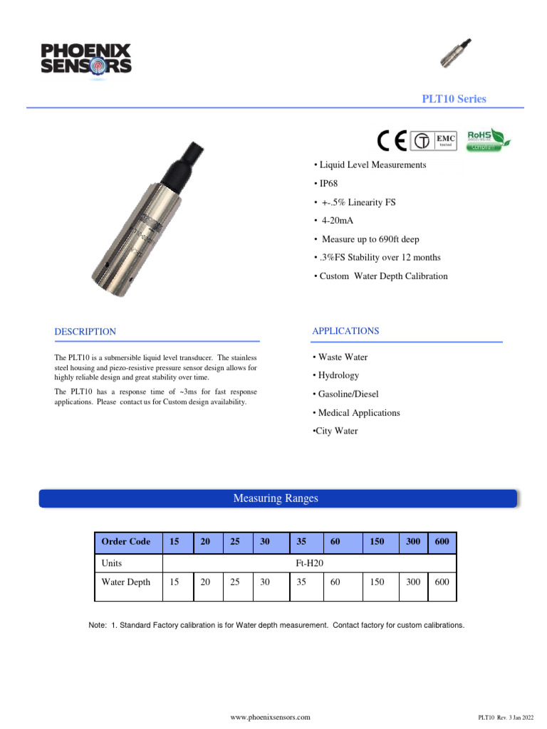 PLT10 Submersible Level Transducer | PDF | Calibration | Electrical ...
