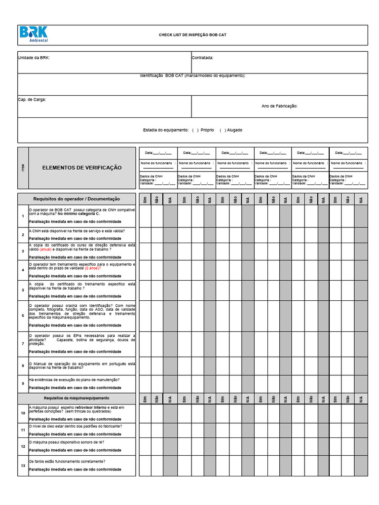 Checklist de Inspeção para Bob Cat | PDF