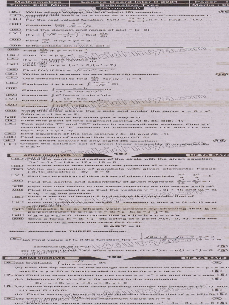 Past Papers 2021 Lahore Board Inter Part 2 Mathematics Group II ...