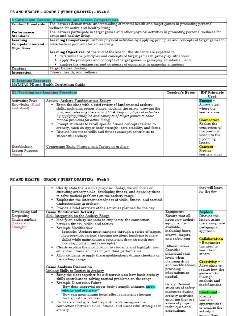 Session 7B - Sample - LE - Week5 - PEH7 - MATATAG | PDF | Archery ...