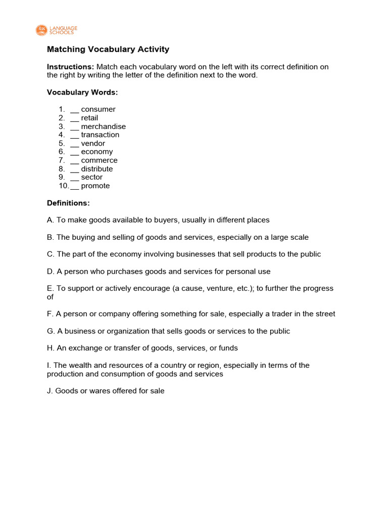 Matching Vocabulary Activity I3 Markets | PDF | Market (Economics) | Retail