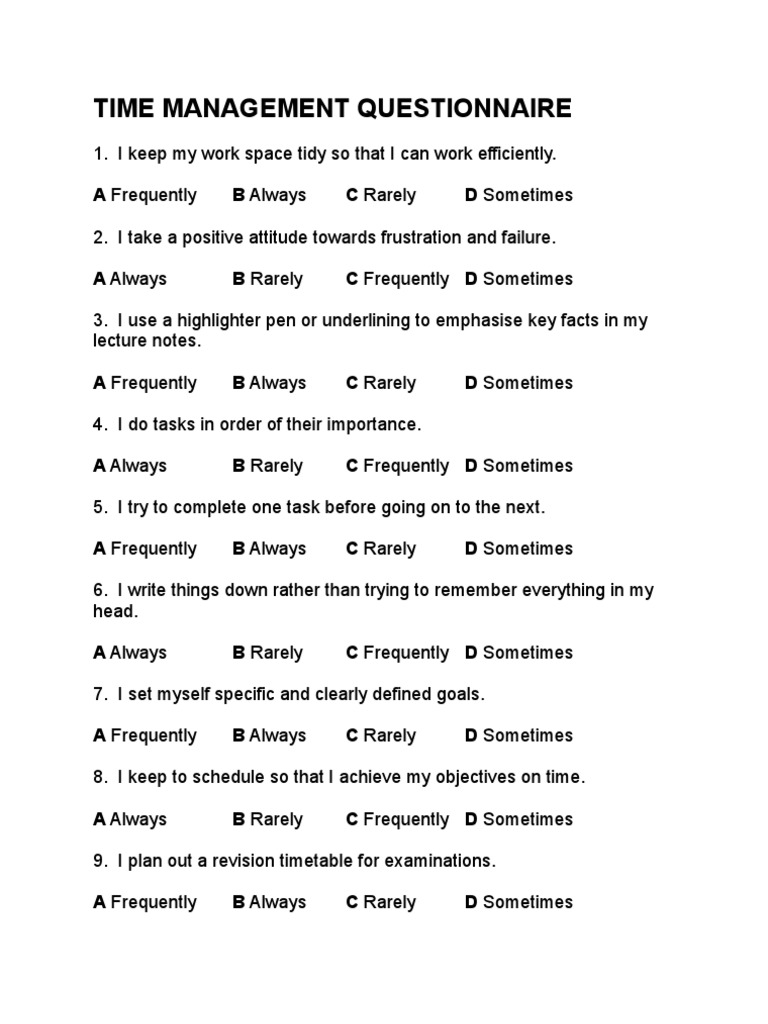 Time Management Questionnaire Pdf For Students