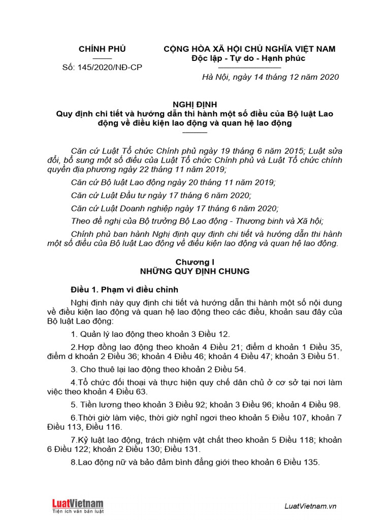 Nghi dinh 145 2020 huong dan thi hanh dieu kien lao dong va quan he lao