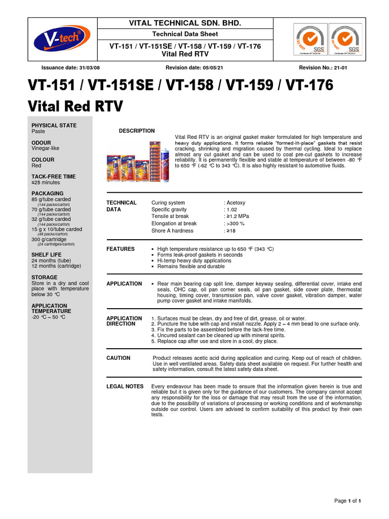 Vital Red RTV Technical Data Sheet | PDF | Materials | Mechanical ...