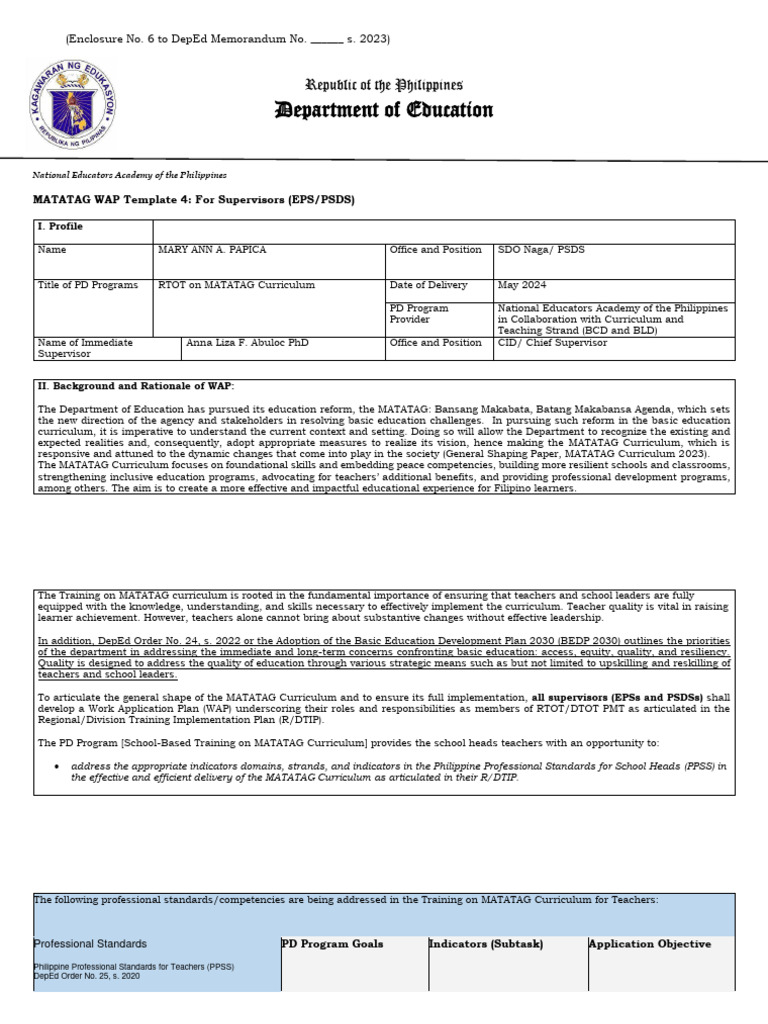 Sample matatag wap template 4 4a 4b for eps psds pdf curriculum