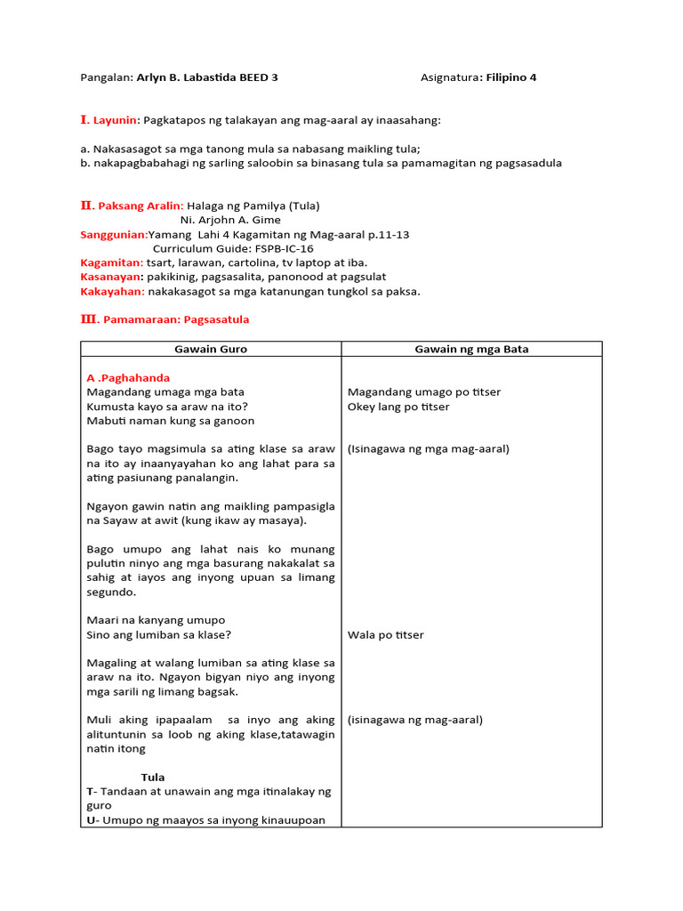 Final-Detailed LP Filipino 4-Pagsasatula | PDF