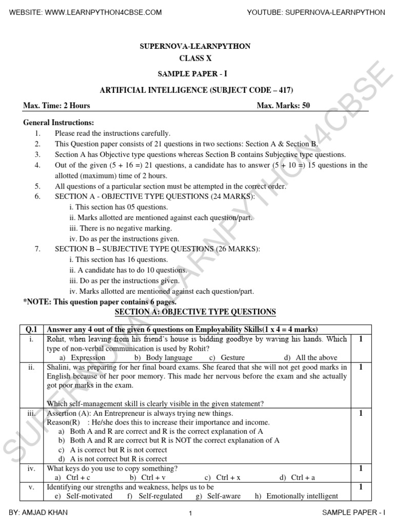 Class 10 Ai Sample Paper - 1 | PDF | Artificial Intelligence ...