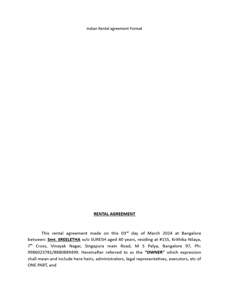 Karnataka Rental Agreement Template | PDF | Leasehold Estate | Renting