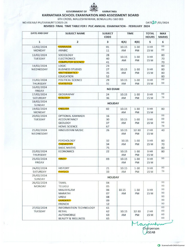 Revised Final Timetable I Puc Feb 2024 Pdf