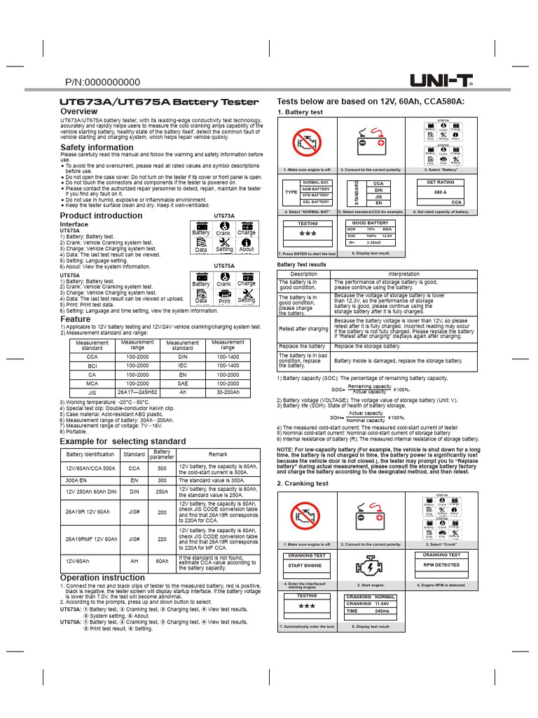 UT673A/UT675A Battery Tester Manual | PDF | Rechargeable Battery | Diode