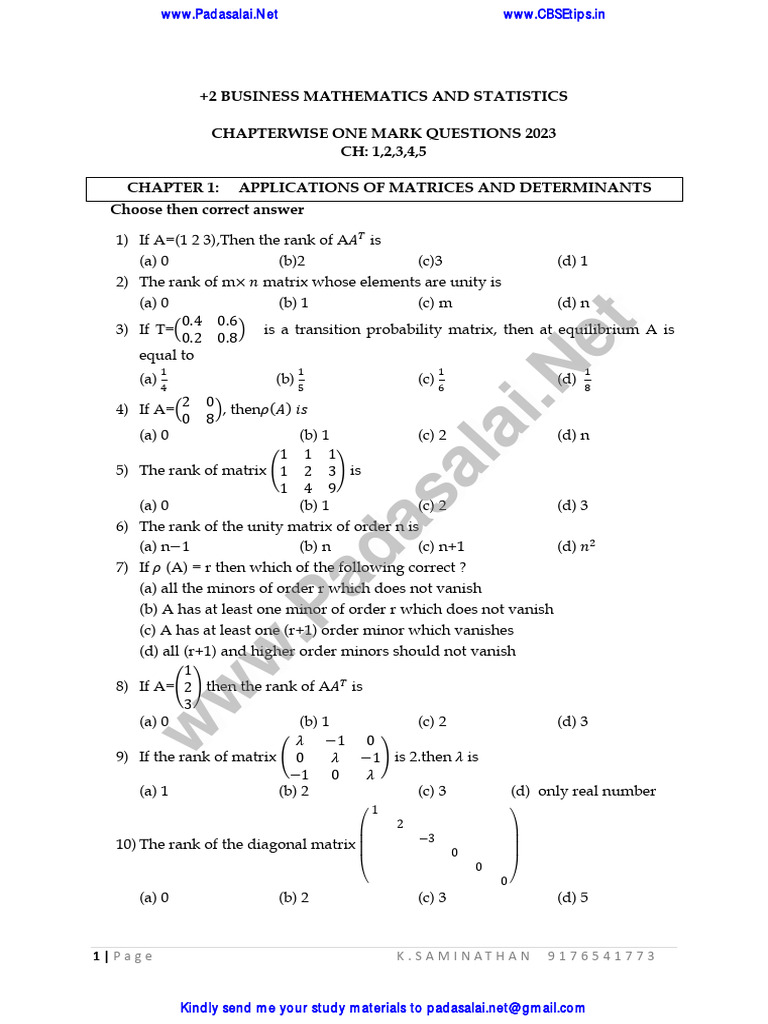12th Business Maths EM Chapter 1 5 One Mark Questions English Medium ...