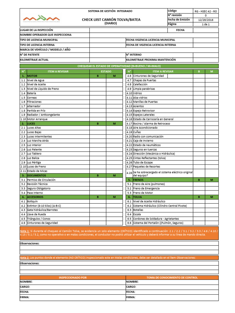 Checklist Inspección Camión Tolva/Batea | PDF | Industria automotriz ...