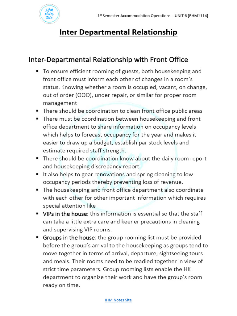 Inter-Departmental Coordination in Hotels | PDF | Housekeeping | Tap ...