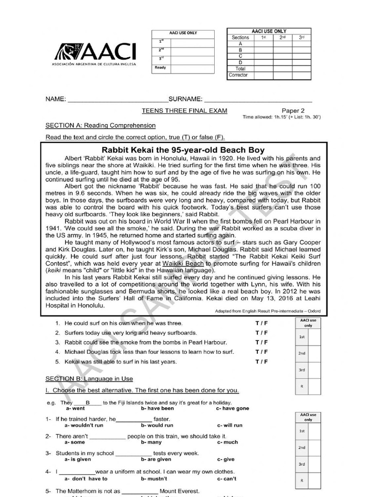 EXAMEN INGLES AACI PARA PRACTICAR | PDF