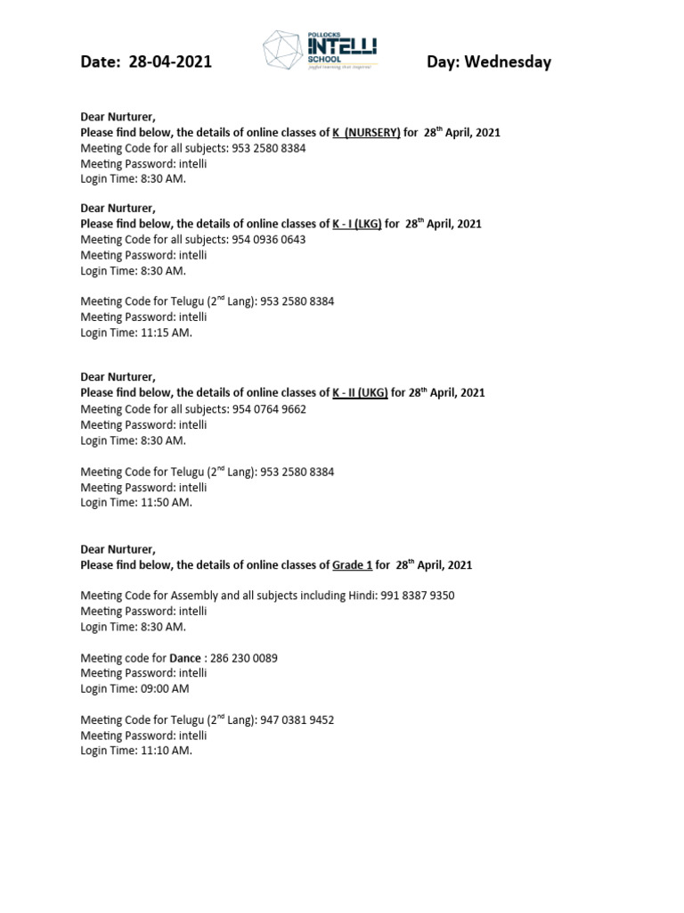 28th April Zoom Codes Online Classes | PDF | Computer Access Control ...