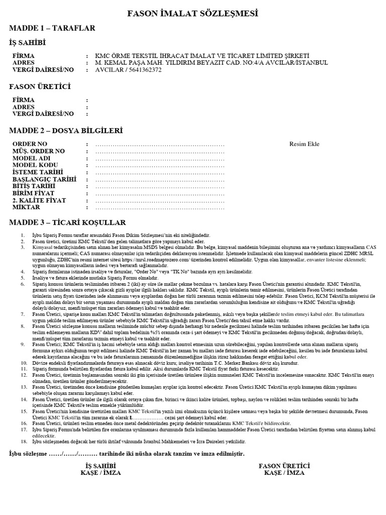 Fason Talimat Sözleşmesi | PDF