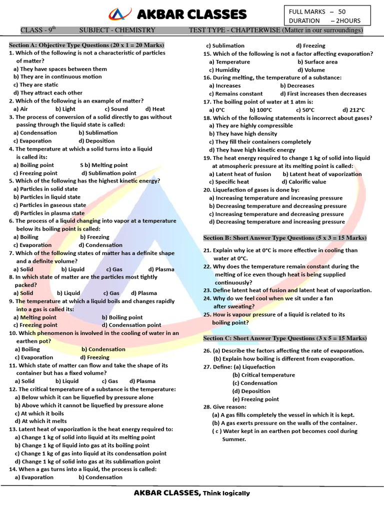 Class 9 Chemistry: Matter Test Paper | PDF | Latent Heat | Liquids