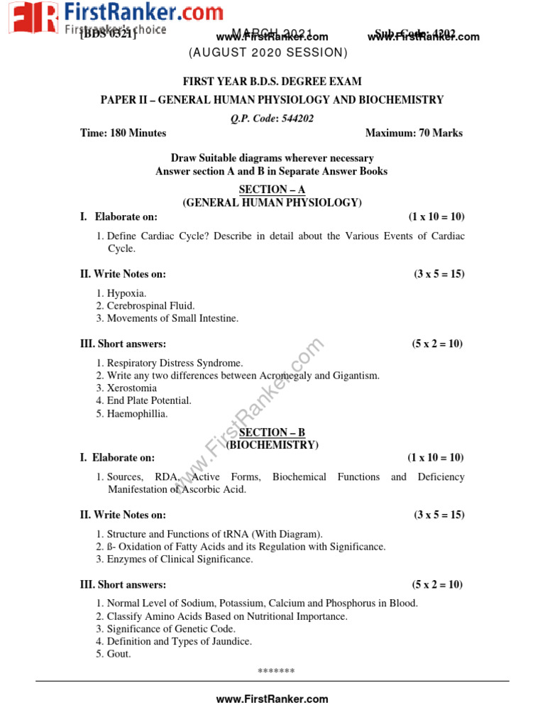 BDS Exam Paper: Human Physiology & Biochemistry | PDF | Biochemistry ...