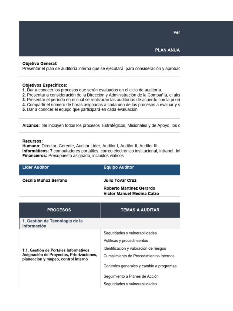 Plan Anual de Auditoria Interna - Anexo Plan Rutas Foraneas | PDF ...
