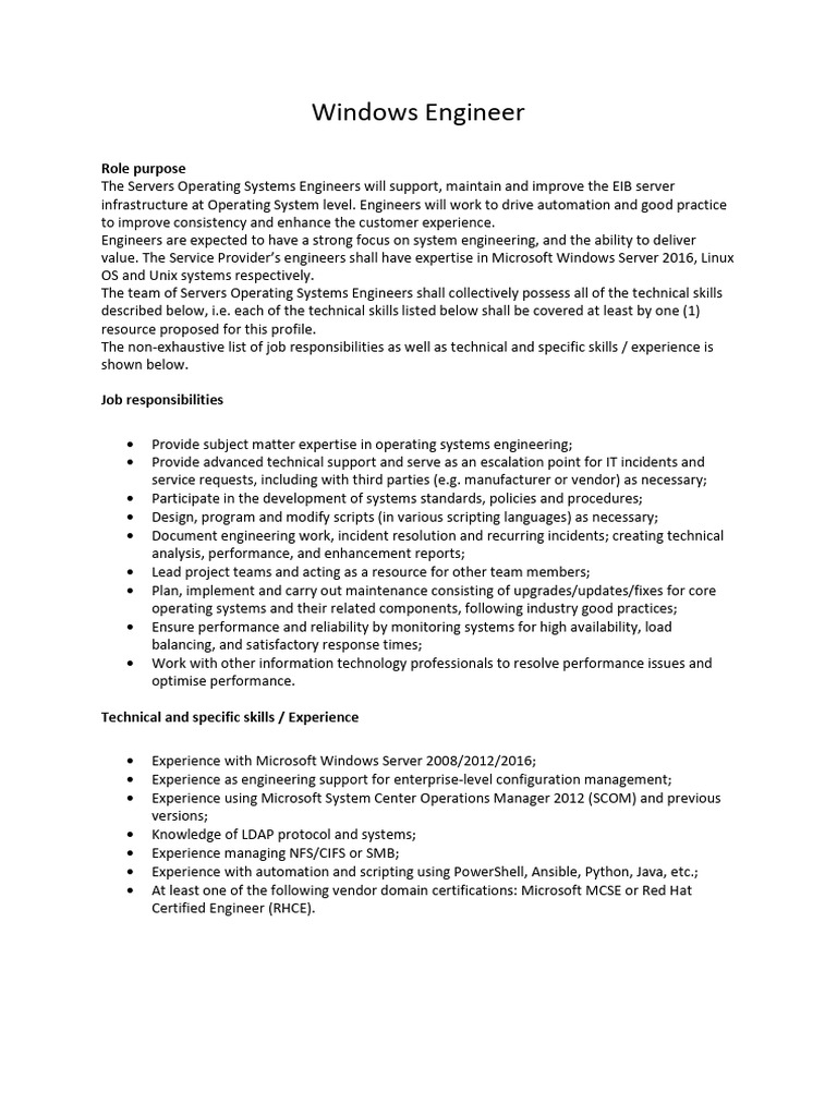 Windows Engineer - Job Description | PDF | Operating System ...