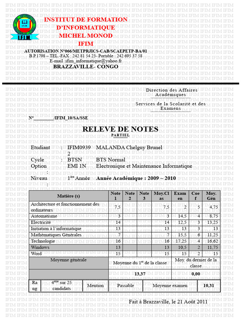 Releve de Notes Partiel | PDF | Business | Technology & Engineering