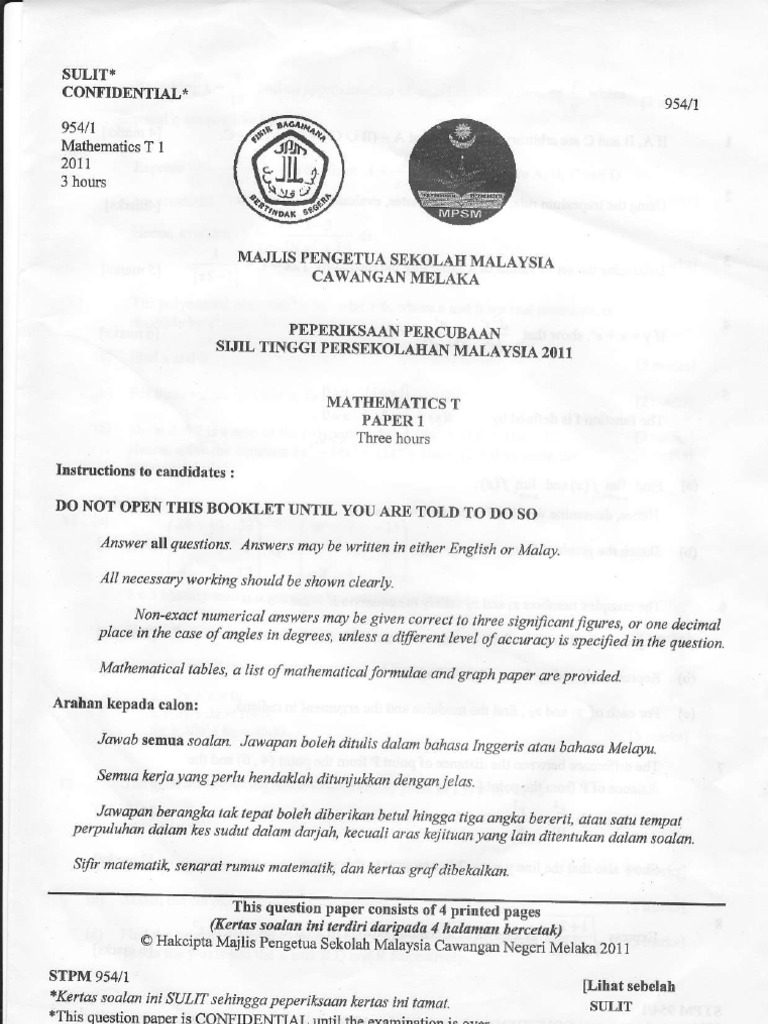 STPM 2011 Mathematics Trial Exam Paper | PDF | Technology & Engineering