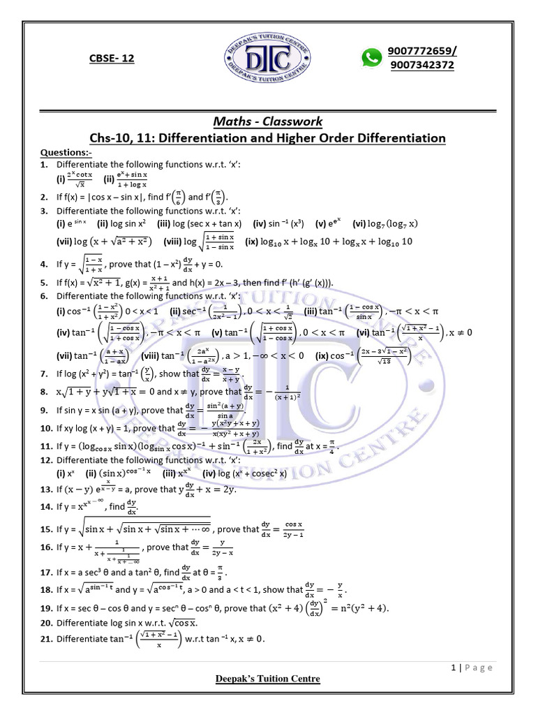 Chs-10, 11 Differentiation and Higher Order Differentiation | PDF