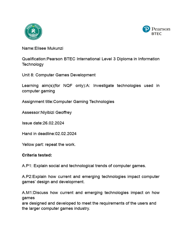 Elisee mukunzi unit 8 computer games development assignment aim a