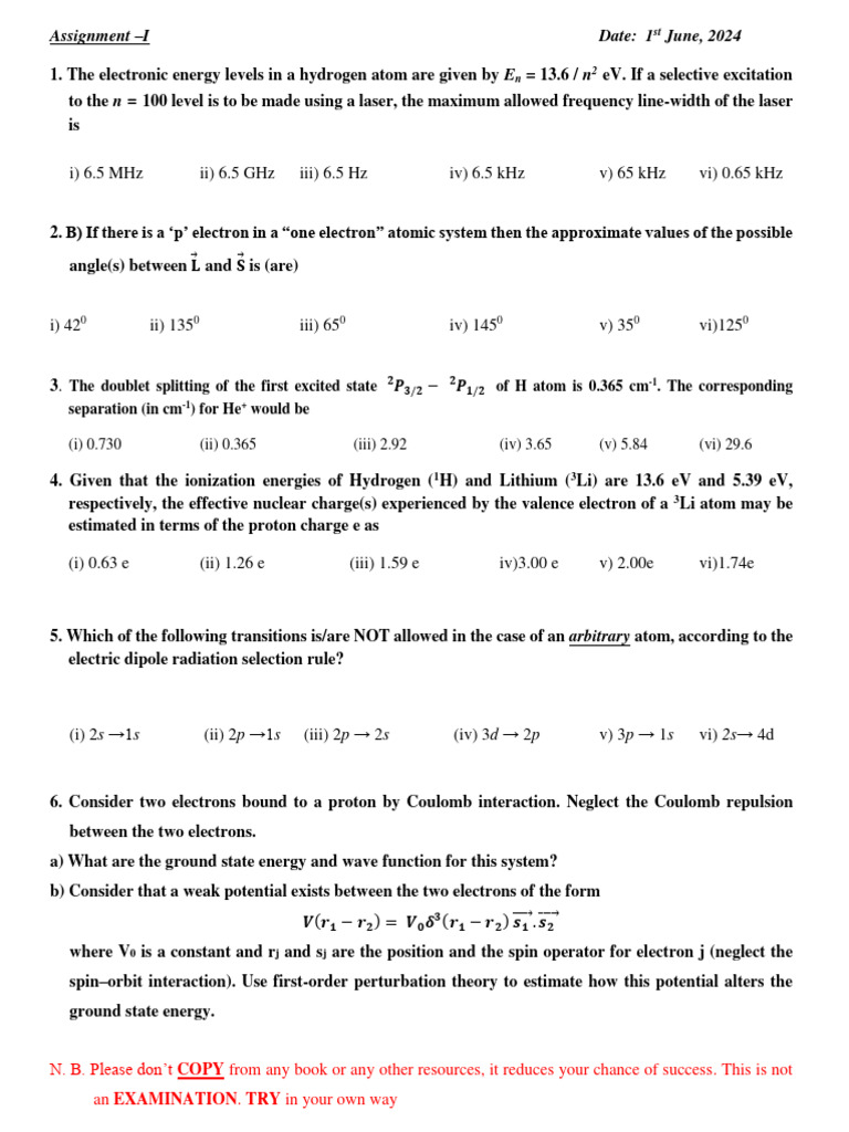 Hydrogen Atom Energy Level Assignment | PDF | Atoms | Hertz