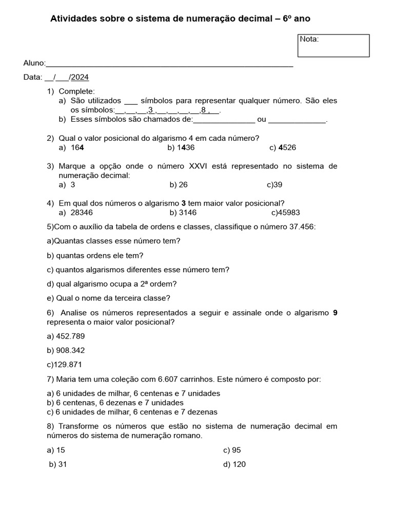 Atividades de Numeração Decimal 6º Ano | PDF | Decimal | Aritmética
