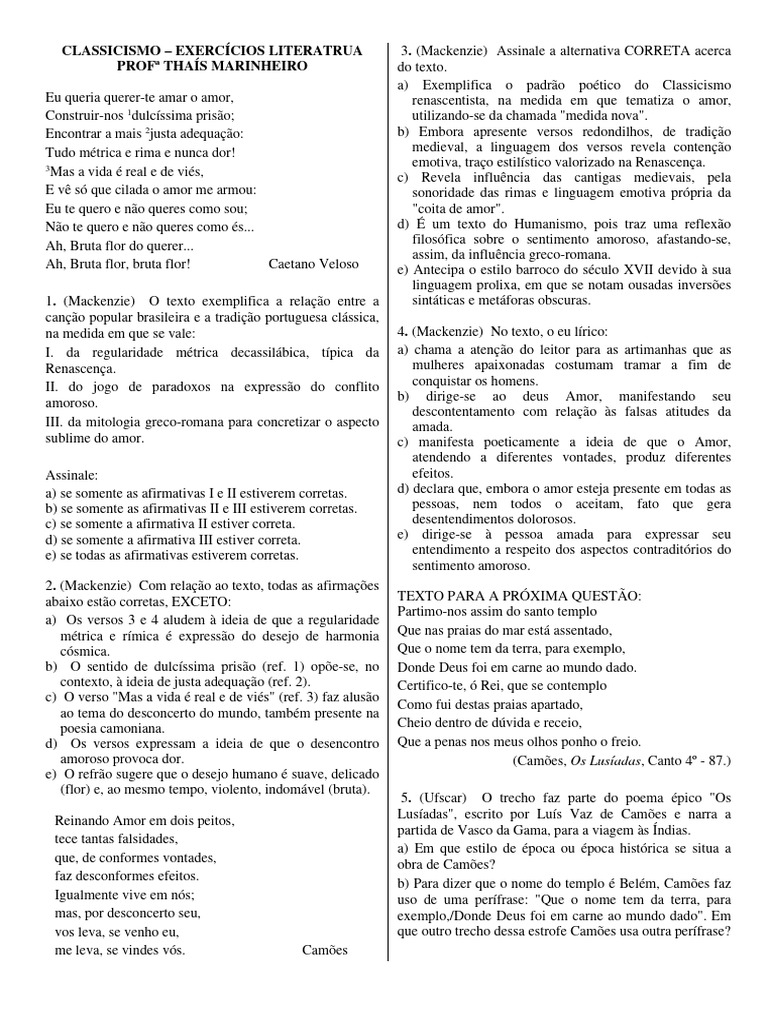 EXERCÍCIOS CLASSICISMO - ALUNOS | Download grátis PDF | Amor | Renascimento