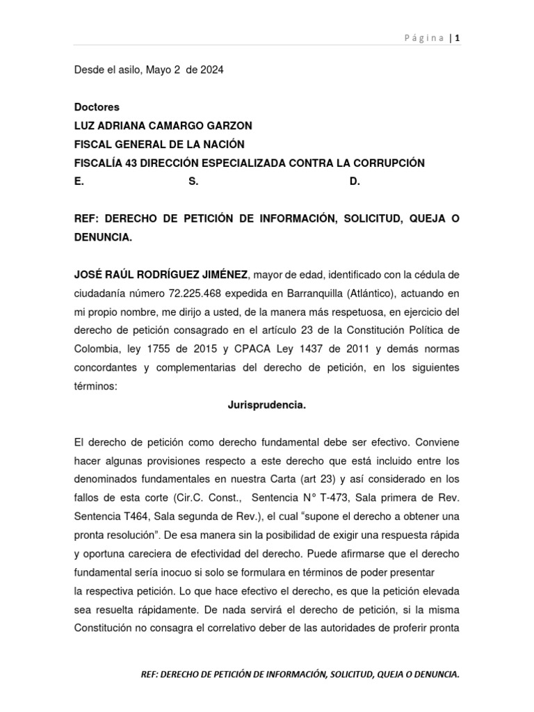Derecho de Petición Solicitud Fiscalia General de La Nacion Luz Adriana ...