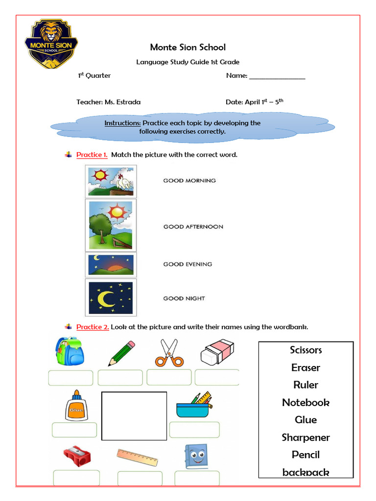 Study Guide 1st Quarter 1st Grade | PDF