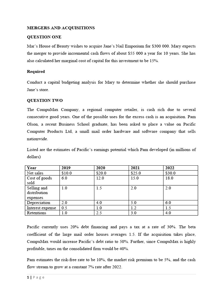 Tutorial Questions Mergers Acquisitions Pdf Mergers And