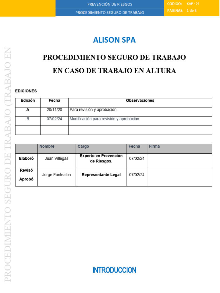 PST Trabajo en Altura ALISON SPA | PDF