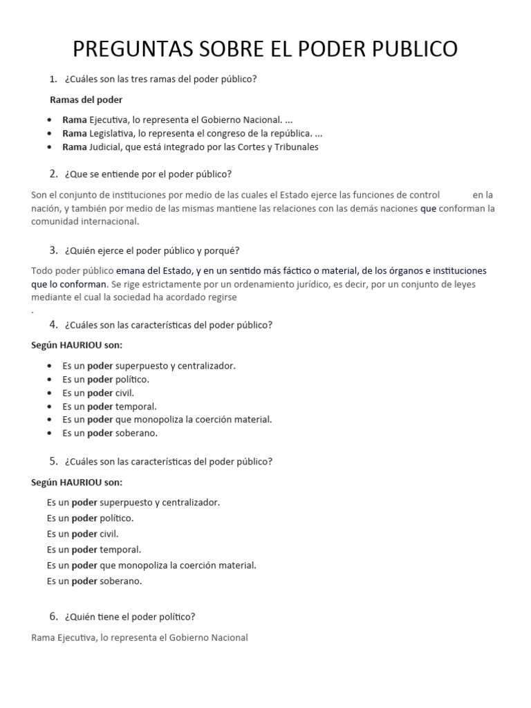 Preguntas Sobre El Poder Publico | PDF | Estado (política) | Ejecutivo ...