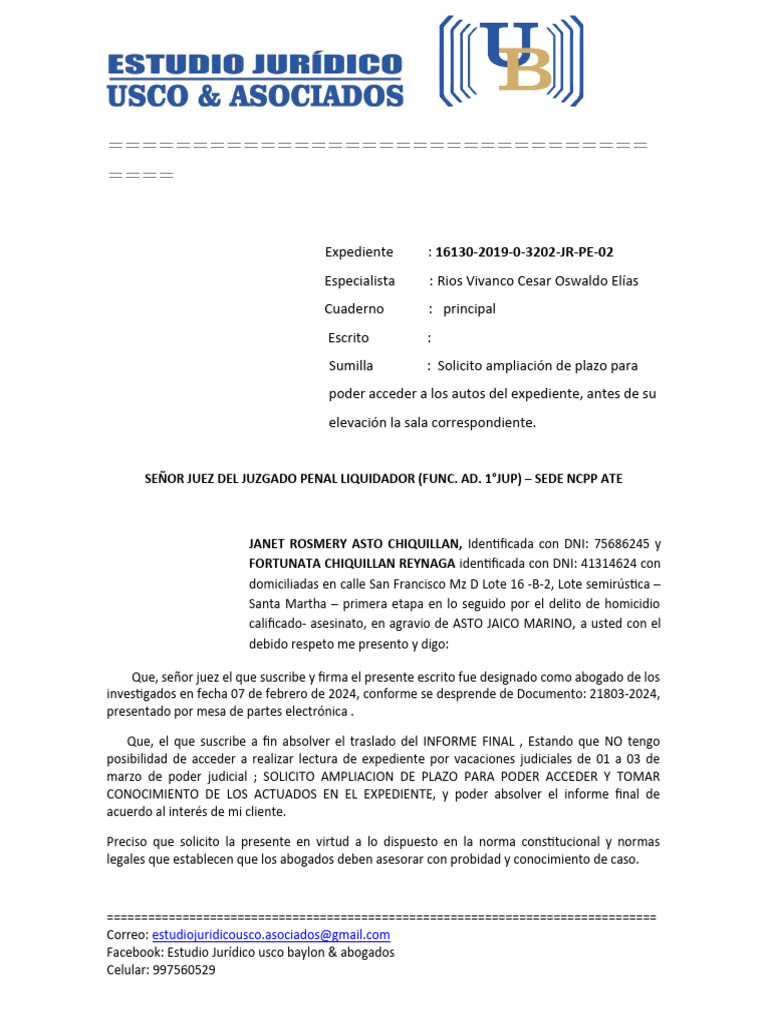 Solicito Ampliacion D Eplazo JANET ASTO, Homicidio Calificado | PDF ...