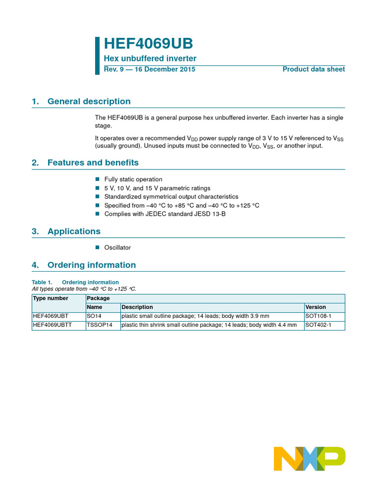 Nexperia HEF4069UBT, 653 Datasheet | PDF | Power Inverter | Electrical ...