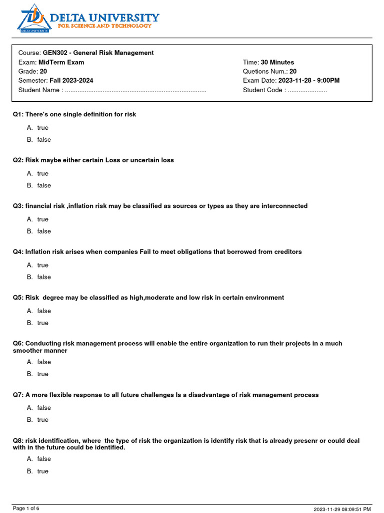 General Risk Management Midterm Exam | PDF | Risk | Risk Management