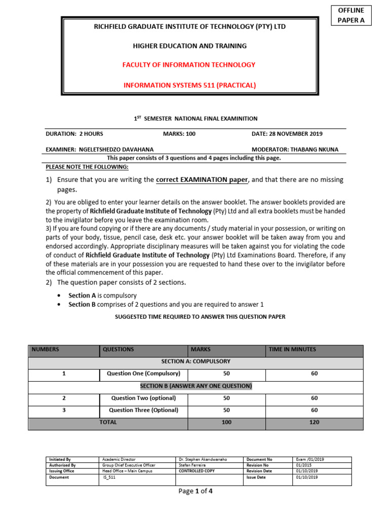 IS 511 Exam Paper - Nov 2019 | PDF | Microsoft Excel