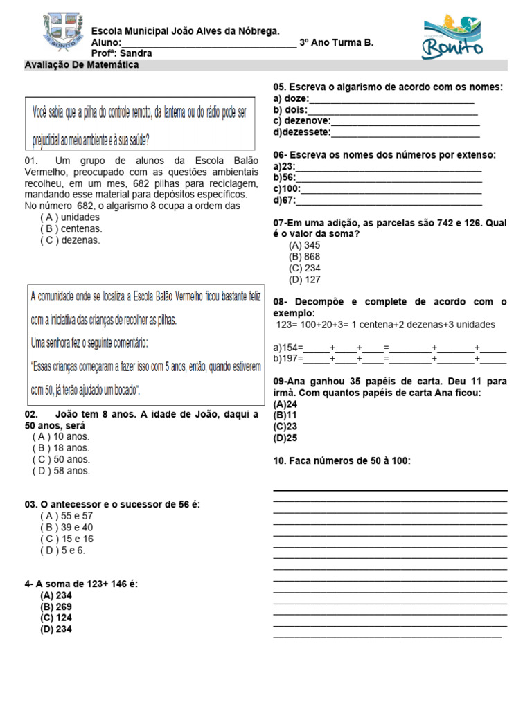 Prova 3 ano 1 Bi-matematica | PDF