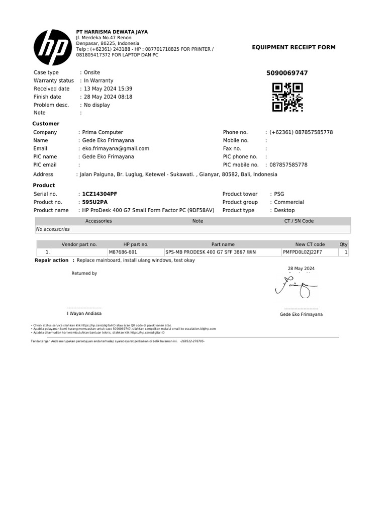 Equipment Receipt for Prima Computer | PDF | Manufactured Goods ...