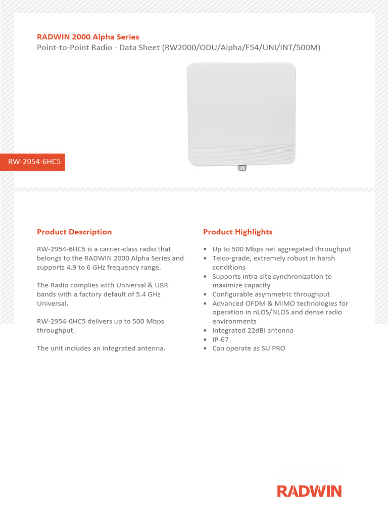 RADWIN 2000 Alpha Series Radio Data Sheet | PDF | Duplex ...